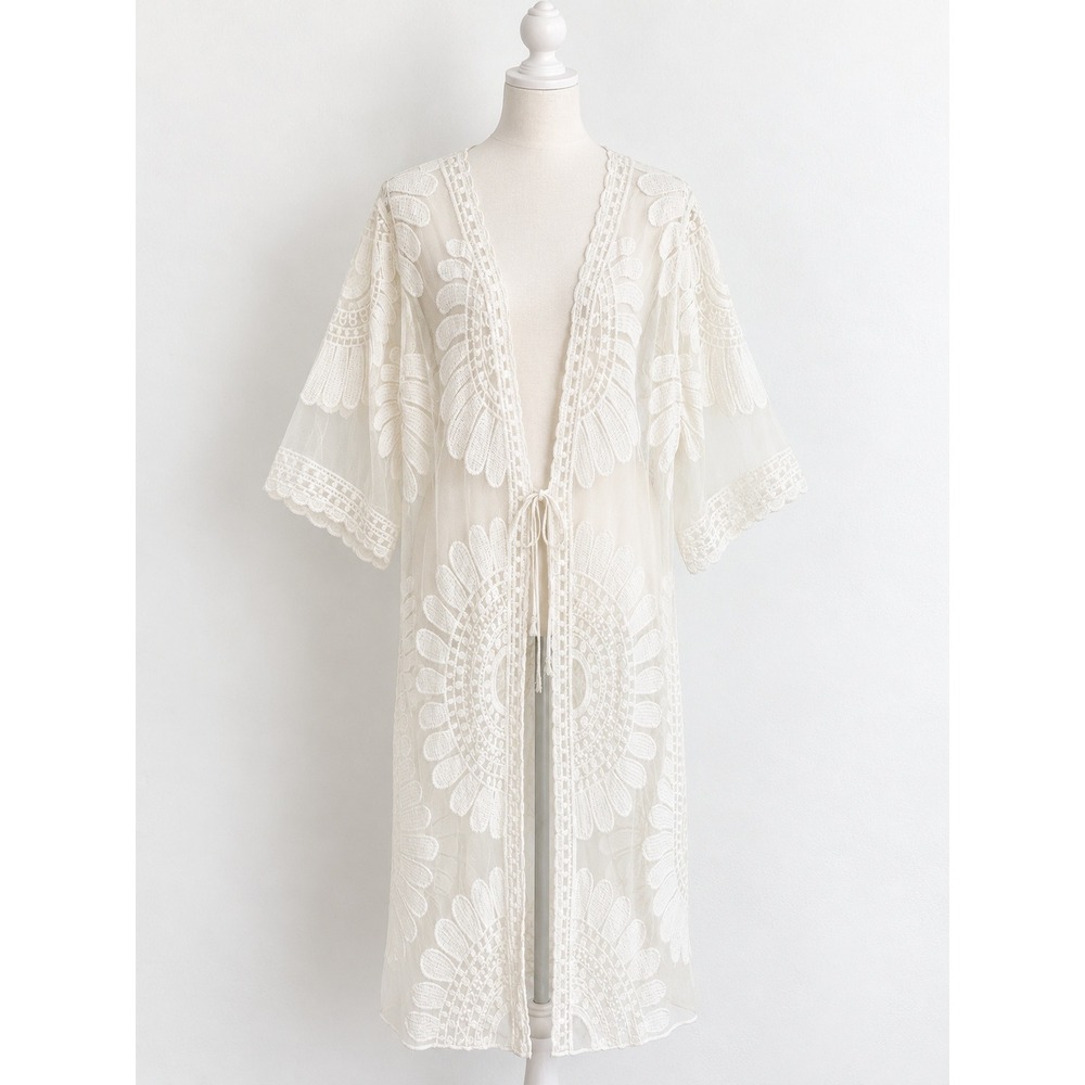 Adiva Cream Boho Embroidered Lace Kimono Duster Coverup S Fairy Coquette Bridal